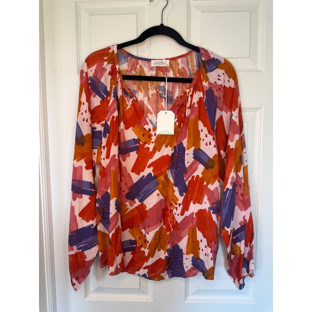 Emily Wonder Womens Abstract Brushstroke V-Neck Blouse Orange Purple Medium NWT